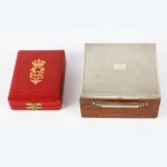 Lot of one medal "Cross of the Order of Savoy" mid 20th century different measures and wooden and silver box. Condition: good, minimal defects on the enamel of the medal., Lot of one medal "Cross of the Order of Savoy" mid 20th century