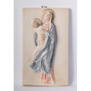 Madonna with Child, relief plaque late 30s 36 x 21 x 5 cm in polychrome ceramic modelled with a mould. Ciulli Colonnata manufacture, signature in black under the glaze at the base. Condition: very good, minimal lack of enamel., Madonna with Child, relief 