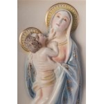 Madonna with Child, relief plaque late 30s 36 x 21 x 5 cm in polychrome ceramic modelled with a mould. Ciulli Colonnata manufacture, signature in black under the glaze at the base. Condition: very good, minimal lack of enamel., Madonna with Child, relief 