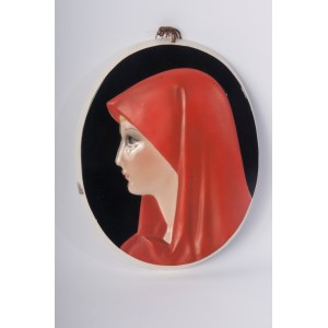 &quot;Virgo Potens&quot;, relief medallion late 30s/40s 25 x 20 cm mold-shaping, in polychrome ceramic. Manufactured by IGNI Torino by Lionello Franchini, signature and model number in black under the base. State of preservation: very good, &quot;Virgo Po