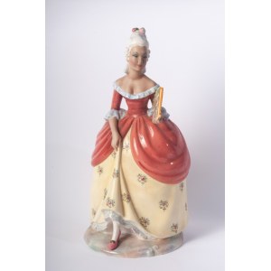 &quot; LADY LOUIS XV &quot; 1930s 47 x 21.5 x 22 cm full-round sculpture in polychrome ceramic with casting moulding. Signature and title of the manufacturer in black underglaze on the base. Condition: very good, small flaw in the enamel on the white wig.