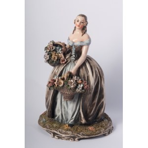 Girl with basket and flowers second half of the 20th century 39 x 23 x 23 cm sculpture modelled by casting in polychrome ceramic in the round. Italian manufacture, signature engraved in the paste at the bottom of the back. State of preservation: very good