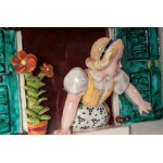&quot;He and She&quot;, Pair of relief plaques, First half of the 20th century 24 x 29 x 9 cm polychrome ceramic mold forming. TREVIR manufacture of Vicenza, signature in black under enamel at the base. State of preservation: good, with her restoration pl