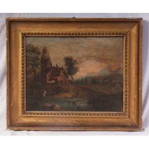 Landscape with river and forest 19th century oil painting on canvas 36 x 48 cm within a glove box frame. State of preservation: very good, Landscape with river and forest 19th century oil painting on canvas 36 x 48 cm within a glove box frame. State of pr