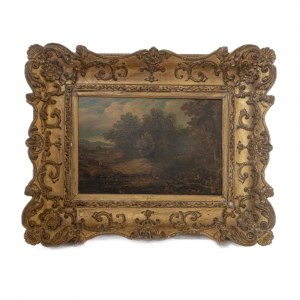 Glimpse of landscape with shepherd and cows late 19th century oil painting on board 32 x 47 cm in a contemporary gilded frame. State of conservation: good., Glimpse of landscape with shepherd and cows late 19th century oil painting on board 32 x 47 cm in 