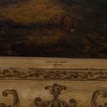 Glimpse of landscape with shepherd and cows late 19th century oil painting on board 32 x 47 cm in a contemporary gilded frame. State of conservation: good., Glimpse of landscape with shepherd and cows late 19th century oil painting on board 32 x 47 cm in 