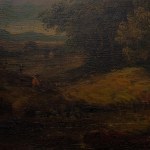 Glimpse of landscape with shepherd and cows late 19th century oil painting on board 32 x 47 cm in a contemporary gilded frame. State of conservation: good., Glimpse of landscape with shepherd and cows late 19th century oil painting on board 32 x 47 cm in 