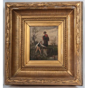 Couple of characters in the countryside late 19th century oil painting on board 19 x 16.5 cm in frame, contemporary gilt, signed lower right. State of preservation: good, some missing parts of the gilding of the frame., Couple of characters in the country