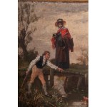 Couple of characters in the countryside late 19th century oil painting on board 19 x 16.5 cm in frame, contemporary gilt, signed lower right. State of preservation: good, some missing parts of the gilding of the frame., Couple of characters in the country