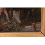 Couple of characters in the countryside late 19th century oil painting on board 19 x 16.5 cm in frame, contemporary gilt, signed lower right. State of preservation: good, some missing parts of the gilding of the frame., Couple of characters in the country