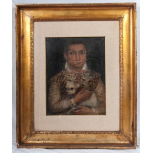 Portrait of a girl with a little dog 19th century oil painting on canvas 45 x 36 cm in frame. State of conservation: horizontal cut with restoration, Portrait of a girl with a little dog 19th century oil painting on canvas 45 x 36 cm in frame. State of co