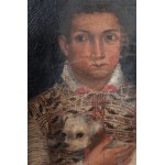 Portrait of a girl with a little dog 19th century oil painting on canvas 45 x 36 cm in frame. State of conservation: horizontal cut with restoration, Portrait of a girl with a little dog 19th century oil painting on canvas 45 x 36 cm in frame. State of co
