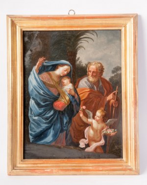 Odpoczynek w drodze powrotnej z lotu z Egiptu szkoła neapolitańska, początek XIX wieku obraz olejny na szkle 45 x 36 cm w ramie Stan zachowania: pęknięty lewy górny róg szkła, Odpoczynek w drodze powrotnej z lotu z Egiptu szkoła neapolitańska