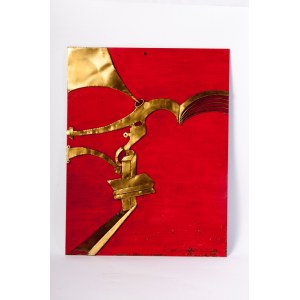 Untitled 1977 45 x 35 cm sculpture on brass plate worked with informal elements applied on red metal plate. Signed and dated author: Dina Cogolli. State of preservation: good., Untitled 1977 45 x 35 cm sculpture on brass plate worked with informal element