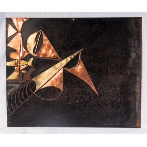 Untitled 1976 45 x 55 cm sculpture with informal elements in copper and brass applied on a black metal plate. Signed and dated author: Dina Cogolli. State of preservation: good., Untitled 1976 45 x 55 cm sculpture with informal elements in copper and bras