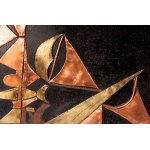 Untitled 1976 45 x 55 cm sculpture with informal elements in copper and brass applied on a black metal plate. Signed and dated author: Dina Cogolli. State of preservation: good., Untitled 1976 45 x 55 cm sculpture with informal elements in copper and bras