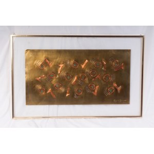 &quot;Moving Shapes No.2&quot; 1989 53.5 x 84.5 x 1.5 cm sculpture on brass plate with copper and steel applications fixed on plexiglass in frame. Signed and dated author: Dina Cogolli,Condition: good., &quot;Moving Shapes No.2&quot; 1989 53.5 x 84.5 x 1.