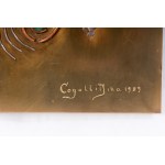&quot;Moving Shapes No.2&quot; 1989 53.5 x 84.5 x 1.5 cm sculpture on brass plate with copper and steel applications fixed on plexiglass in frame. Signed and dated author: Dina Cogolli,Condition: good., &quot;Moving Shapes No.2&quot; 1989 53.5 x 84.5 x 1.