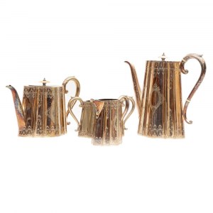 Tea and coffee service in Sheffield English stamps, early 20th century engraved parts of different sizes pcs.4 Condition: good. with minimal wear and tear as per use over time, Tea and coffee service in Sheffield English stamps, early 20th century engrave