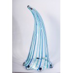 Cornucopia second half of the 20th century 54 x 26 m in Murano glass with horizontal stripes in green and blue. Seven-pointed mixtilinear upper rim with a bird&#39;s eye at the base. Collection I. Lirici n, 73 with double signature on the grindstone and l