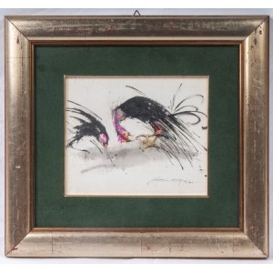 Cockfight 1965 mixed media on canvas 20 x 25 cm signed, dated in frame. State of preservation: very good, Cockfight 1965 mixed media on canvas 20 x 25 cm signed, dated in frame. State of preservation: very good