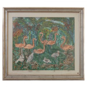 Flamingos oil painting on canvas 60 x 70 cm framed, signed on the front lower left. State of preservation: good., Flamingos oil painting on canvas 60 x 70 cm framed, signed on the front lower left. State of preservation: good.
