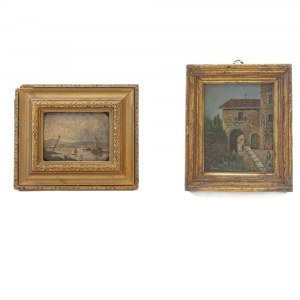 Lot of two framed paintings: First half of the 20th century 8.5 x 11.5 cm ; 15 x 12 cm glimpse of village oil on panel; port view oil on stone. Good state of preservation., Lot of two framed paintings: First half of the 20th century 8.5 x 11.5 cm ; 15 x 1