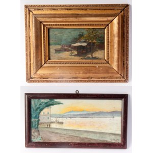 Lot of two paintings: sea views early 20th century oil painting on board and watercolor drawing on paper 12 x 20 cm; 15 x 31 cm in frames, one signed and dated with dedication on the back. State of preservation: good., Lot of two paintings: sea views earl