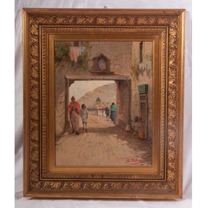 Glimpse of a road with wayfarers mid 20th century oil painting on canvas 50 x 40 cm in frame. State of preservation: very good, Glimpse of a road with wayfarers mid 20th century oil painting on canvas 50 x 40 cm in frame. State of preservation: very good
