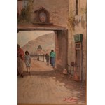 Glimpse of a road with wayfarers mid 20th century oil painting on canvas 50 x 40 cm in frame. State of preservation: very good, Glimpse of a road with wayfarers mid 20th century oil painting on canvas 50 x 40 cm in frame. State of preservation: very good
