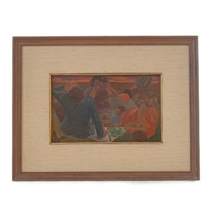 The picnic oil painting on board 16 x 25.5 cm framed, signed on the front lower left. State of preservation: good., The picnic oil painting on board 16 x 25.5 cm framed, signed on the front lower left. State of preservation: good.