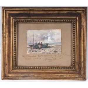 Glimpse of beach with fishermen oil painting on canvas 10 x 14.5 cm signed, dedicated in frame. State of preservation: very good, Glimpse of beach with fishermen oil painting on canvas 10 x 14.5 cm signed, dedicated in frame. State of preservation: very g