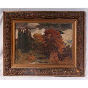 Lake landscape with trees early 20th century oil painting on canvas, 35.5 x 49.5 cm in frame. Condition: good, slight damage to the frame, Lake landscape with trees early 20th century oil painting on canvas, 35.5 x 49.5 cm in frame. Condition: good, sligh