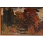 Lake landscape with trees early 20th century oil painting on canvas, 35.5 x 49.5 cm in frame. Condition: good, slight damage to the frame, Lake landscape with trees early 20th century oil painting on canvas, 35.5 x 49.5 cm in frame. Condition: good, sligh