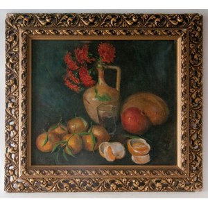 Silent nature, with fruit, vase and flowers 1928 oil painting on canvas 42 x 48.5 cm framed, signed and dated. State of preservation: very good, Silent nature, with fruit, vase and flowers 1928 oil painting on canvas 42 x 48.5 cm framed, signed and dated.