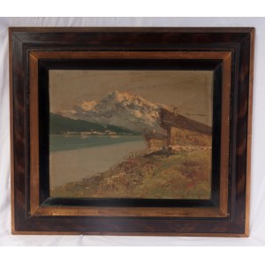 View of lake with mountains first half of the 20th century oil painting on board 40 x 50 cm signed in contemporary frame State of preservation: very good, View of lake with mountains first half of the 20th century oil painting on board 40 x 50 cm signed i