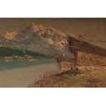 View of lake with mountains first half of the 20th century oil painting on board 40 x 50 cm signed in contemporary frame State of preservation: very good, View of lake with mountains first half of the 20th century oil painting on board 40 x 50 cm signed i