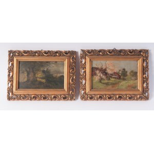 Lot of two landscapes first half of the 20th century oil paintings on cardboard 10 x 16 cm framed, signed and initialed State of preservation: good., Lot of two landscapes first half of the 20th century oil paintings on cardboard 10 x 16 cm framed, signed