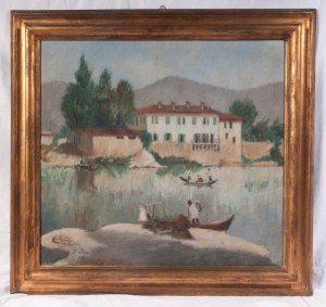 Pejzaż jeziorny łodzie 1929 obraz olejny na płótnie 65 x 70 cm oprawiony, sygnowany i datowany Stan zachowania: dobry, Pejzaż jeziorny łodzie 1929 obraz olejny na płótnie 65 x 70 cm oprawiony, sygnowany i datowany Stan zachowania: dobry
