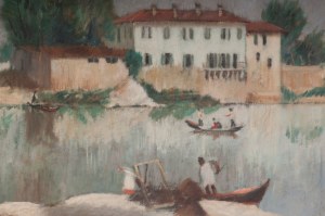 Pejzaż jeziorny łodzie 1929 obraz olejny na płótnie 65 x 70 cm oprawiony, sygnowany i datowany Stan zachowania: dobry, Pejzaż jeziorny łodzie 1929 obraz olejny na płótnie 65 x 70 cm oprawiony, sygnowany i datowany Stan zachowania: dobry