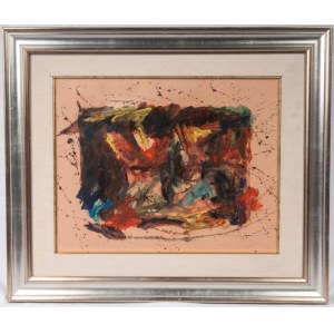Abstract composition 1976 oil painting on paper applied on canvas 40 x 50 cm signed, dated in frame. With authentication on photo of the author. State of preservation: very good, Abstract composition 1976 oil painting on paper applied on canvas 40 x 50 cm