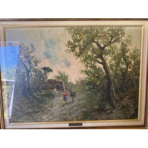 Landscape with wayfarer second half of the 20th century oil painting on canvas 50 x 70 cm in a contemporary frame and signed G. Moreno State of preservation: good, Landscape with wayfarer second half of the 20th century oil painting on canvas 50 x 70 cm i