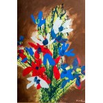 Kompozycja kwiatowa Rzym, 1982 obraz olejny na płótnie 50 x 40 cm Sygnowany, datowany i dedykowany na odwrocie w ramie. Stan zachowania: bardzo dobry, Kompozycja kwiatowa Rzym, 1982 obraz olejny na płótnie 50 x 40 cm Podpisany, datowany i dedykowany na od