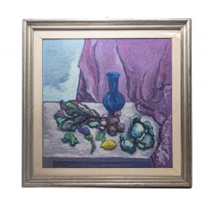 Silent nature, fruit and pottery 1968 oil painting on canvas 80 x 80 cm signed work, dated in frame. State of preservation: very good., Silent nature, fruit and pottery 1968 oil painting on canvas 80 x 80 cm signed work, dated in frame. State of preservat