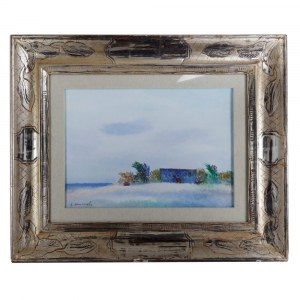 Niebieska chata we Fregene obraz olejny na płótnie 36 x 52 cm oprawiony w ramę, z dedykacją i podpisem również na odwrocie. Bardzo dobry stan zachowania z minimalnymi ubytkami srebrzenia ramy, Niebieska chata we Fregene, obraz olejny na płótnie 36 x 52 cm