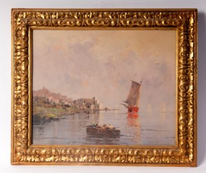 Widok przystani z łodziami i postaciami pierwsza połowa XX wieku obraz olejny na tekturze 33,5 x 40 cm oprawiony w ramę, sygnowany. Stan zachowania: bardzo dobry, Spojrzenie na przystań z łodziami i postaciami pierwsza połowa XX wieku, obraz olejny na tek