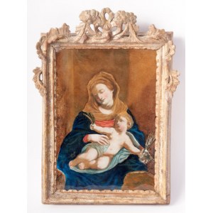 Madonna and Child first half of the 20th century oil painting on glass 30 x 23 cm in a non-contemporary frame in carved and gilded wood. State of preservation: good, Madonna and Child first half of the 20th century oil painting on glass 30 x 23 cm in a no