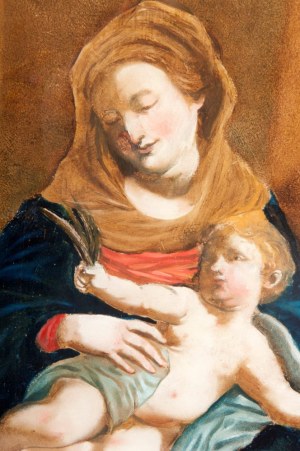 Madonna z Dzieciątkiem pierwsza połowa XX wieku obraz olejny na szkle 30 x 23 cm w niewspółczesnej ramie z rzeźbionego i złoconego drewna. Stan zachowania: dobry, Madonna z Dzieciątkiem, pierwsza połowa XX wieku, obraz olejny na szkle 30 x 23 cm w nienowo