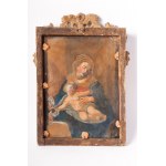 Madonna and Child first half of the 20th century oil painting on glass 30 x 23 cm in a non-contemporary frame in carved and gilded wood. State of preservation: good, Madonna and Child first half of the 20th century oil painting on glass 30 x 23 cm in a no