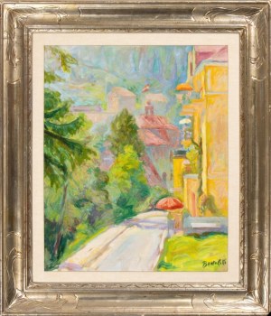 Pejzaż z domami Olej na płótnie 55 x 46 cm Sygnowany w prawym dolnym rogu: Bertoletti, na odwrocie pieczątka centrum sztuki La Gradiva La Barcaccia z Santa Margherita Ligure Stan zachowania: dobry, Pejzaż z domami Olej na płótnie 55 x 46 cm Sygnowany u do